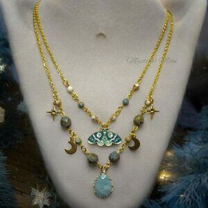 Whimsical Fairycore Layered Necklace with Blue Moth Pendant and Amazonite Gems